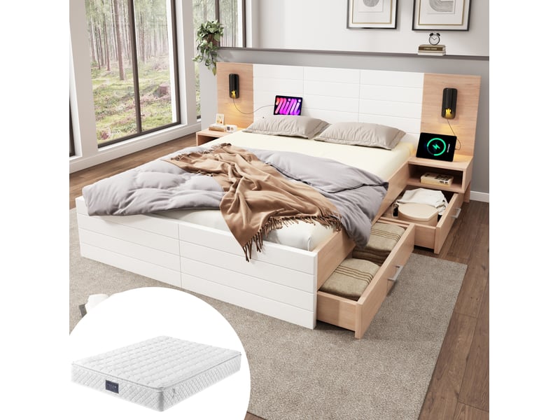  Lit double 160x200 avec 2 tiroirs, liseuse et usb cravdom  - Conforama C