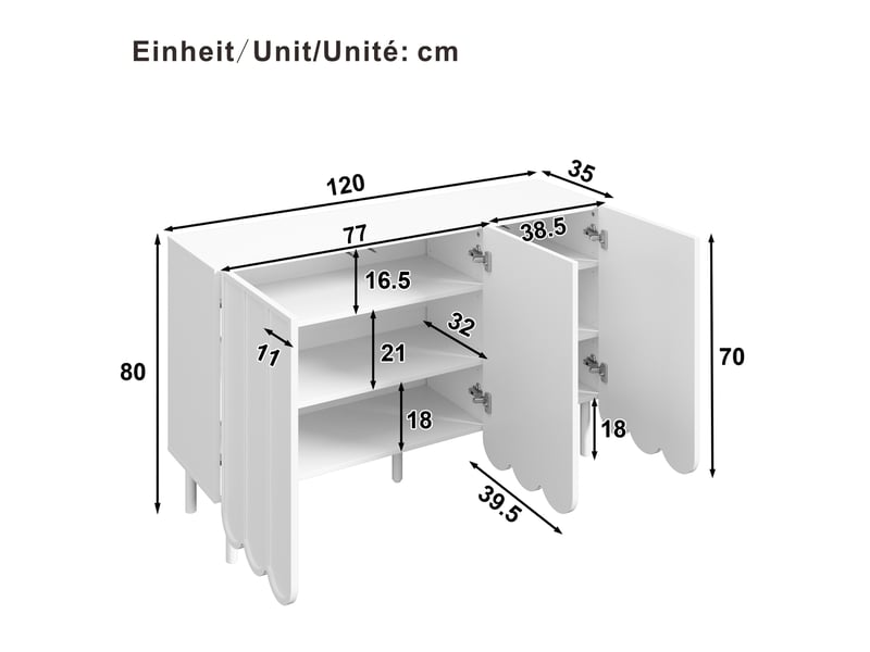  Buffet bas blanc à portes ondulées – mdf, sans poignées, 120 x 35 x 80 cm  - Conforama D