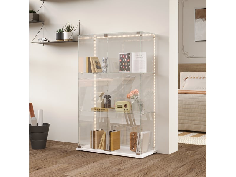 Vitrine en verre 3 niveaux double porte - blanc - 78,5 x 35 x 123,5 cm - armoire d'exposition avec ruban led et base blanche  - Conforama C