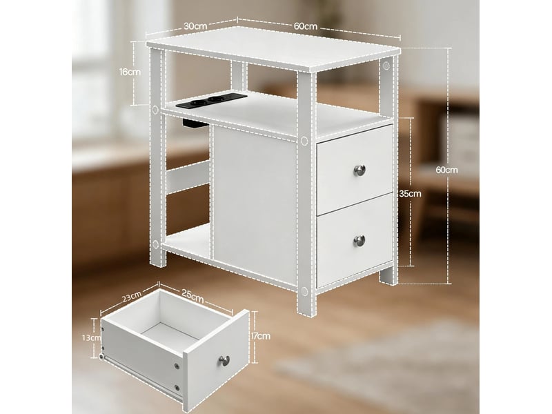  Table d’appoint rectangulaire 60x30x60 cm avec prises et tiroirs en bois blanc  - Conforama C