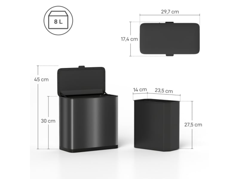 Poubelle noire 8 l en inox, à poser ou à suspendre, compacte et pratique  - Conforama C