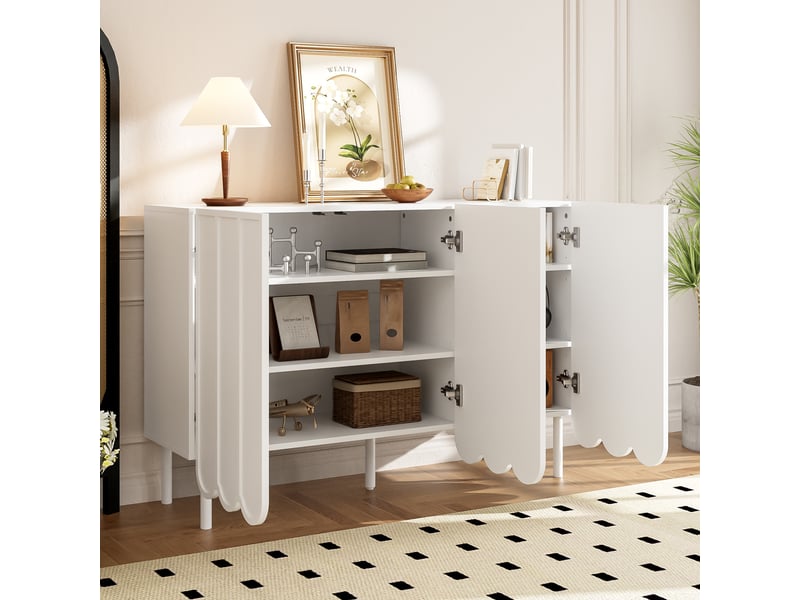  Buffet sideboard blanc 120x35x80 cm avec façades ondulées, étagères réglables et style contemporain  - Conforama C