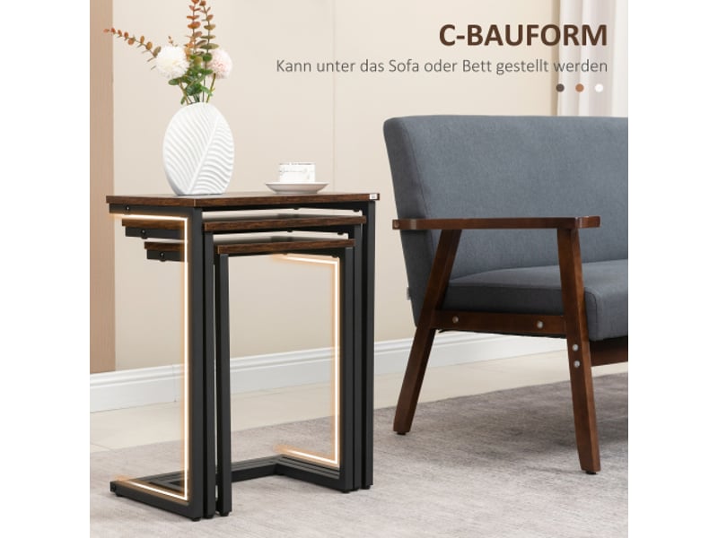Lot de 3 tables d’appoint c empilables, acier, style industriel marron rustique pour salon - Conforama D