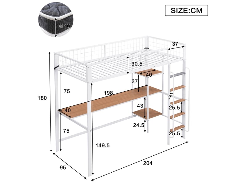 Lit superposé enfant 90x200 cm bureau garde-corps échelle 5 marches, métal et bois blanc naturel sans matelas - Conforama C
