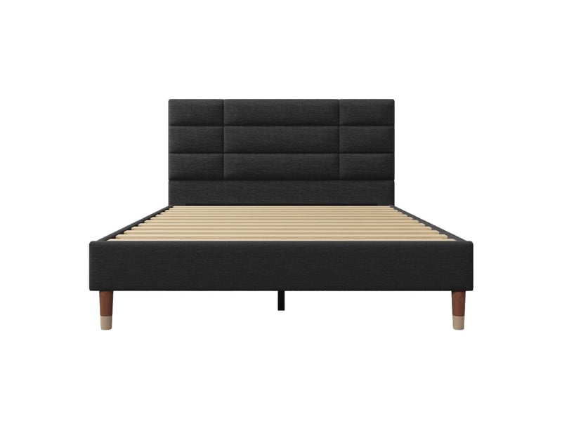  Lit rembourré lit double 140x200cm avec sommier à lattes, en lin noir, cadre de lit rembourré avec tête de lit  - Conforama B