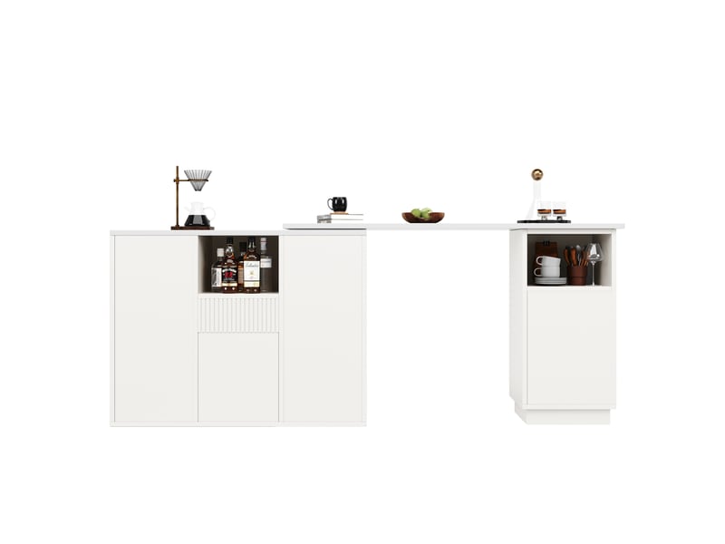  Bar rotatif 360° îlot l210 x p30 x h100,9 cm convertible lligne, grand rangement, plateau effet marbre, mdf blanc  - Conforama A