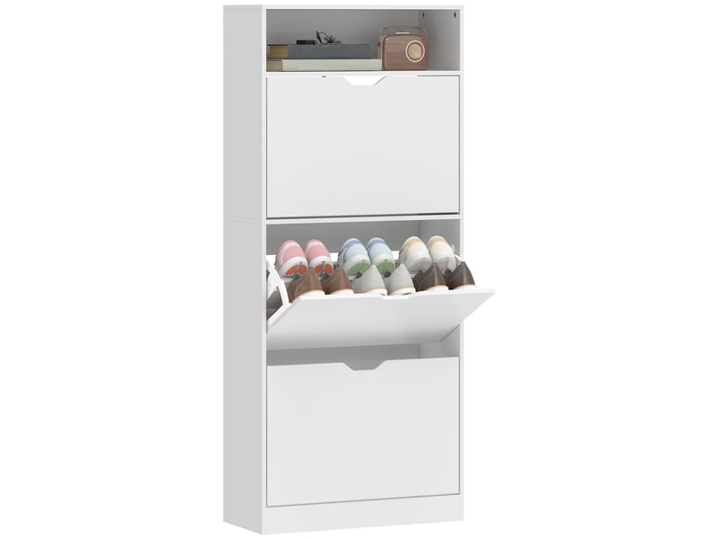  Meuble à chaussures 18 paires, armoire à chaussures étroite, 3 tiroirs rabattables, étagères réglables, blanc  - Conforama A