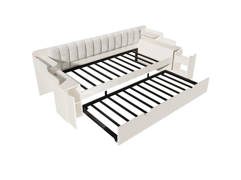 Lit banquette 1 place 90 × 200 cm avec lit gigogne 90 × 190 cm, rangement, ports usb et usb-c, sans matelas - Conforama E