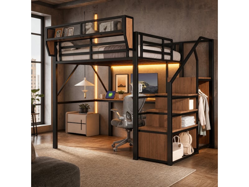 Lit mezzanine (140 x 200 cm), lit métallique avec barre lumineuse led, bureau long, échelle de sécurité et rangement flexible – lit métallique universel pour adultes et enfants – noir - Conforama B