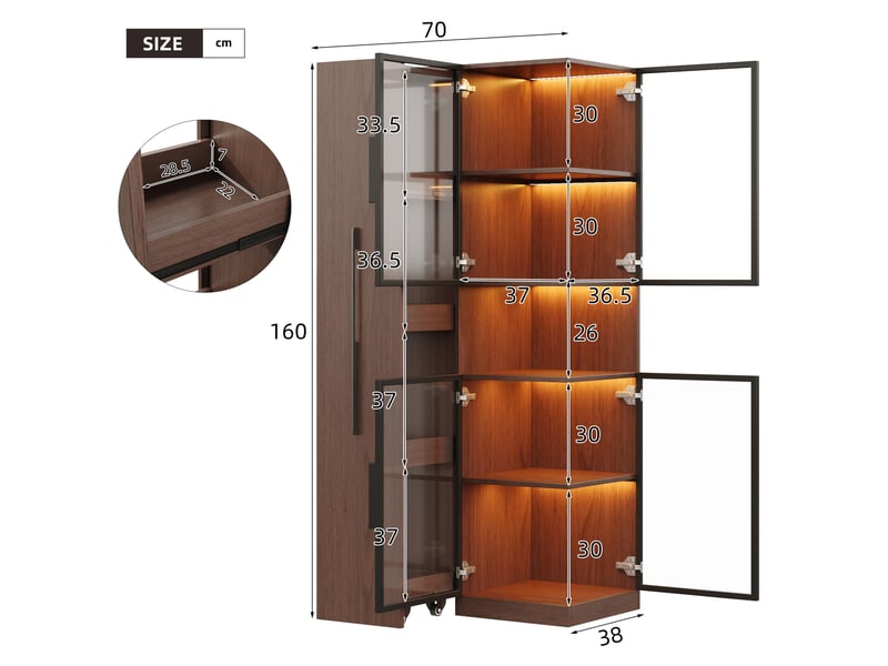 Vitrine led avec étagères latérales coulissantes, pour salon ou salle à manger, mdf et verre, noyer, 70 × 38 × 160 cm - Conforama E