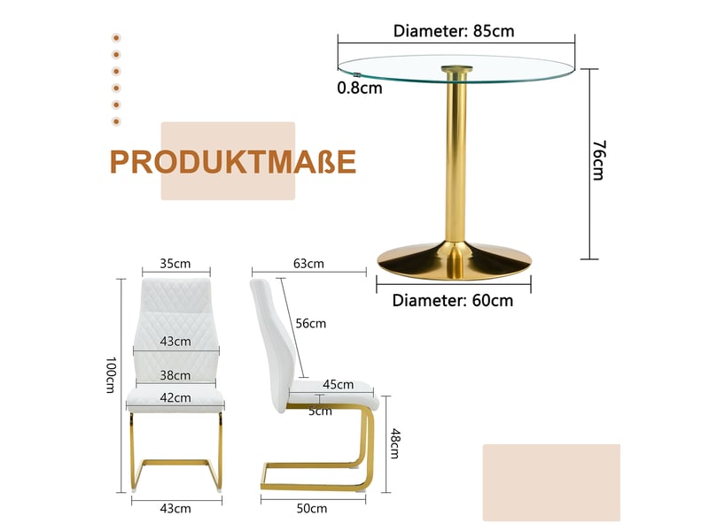  Ensemble table ronde en verre et 4 chaises, table ronde 85 cm en verre trempé, finition blanche et dorée pour salle à manger  - Conforama D