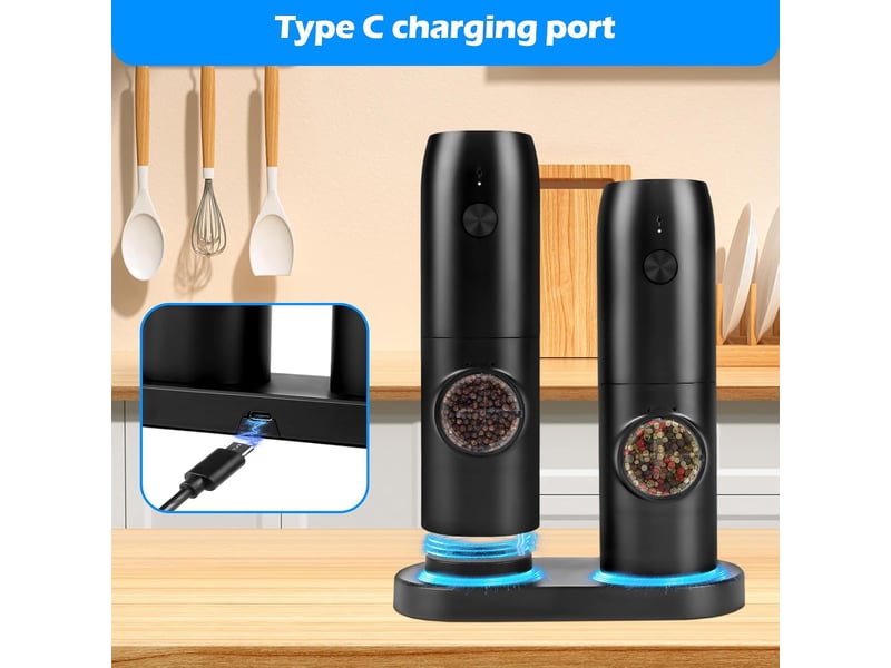 Ensemble de 2 moulins à sel et poivre électriques avec base rechargeable, broyeur à épices avec double station de charge, brosse, lumière led blanche - Conforama B