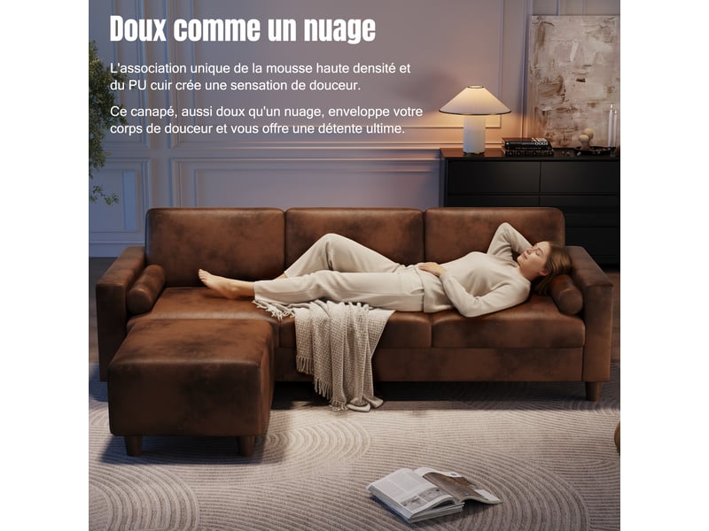 Canapé 3 places en cuir pu, 234 cm avec repose-pieds et 2 coussins, capacité 365kg, pieds bois massif 234x87x88 - Conforama R