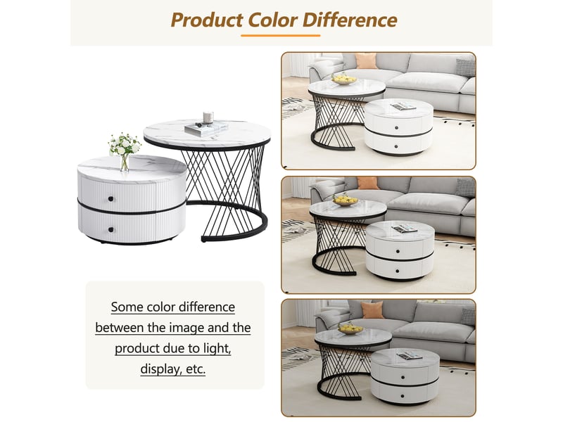  Table basse ronde ensembles blanc mdf avec finition marbre  - Conforama W