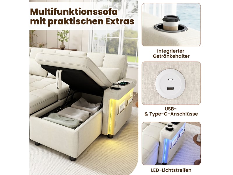  Canapé panoramique en u convertible avec coffres, led, usb-c, dossier réglable et porte-gobelets en chenille beige  - Conforama E