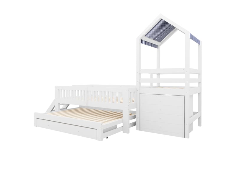  Lit cabane enfant 90x200 cm blanc avec lit gigogne, escalier et 4 tiroirs  - Conforama E