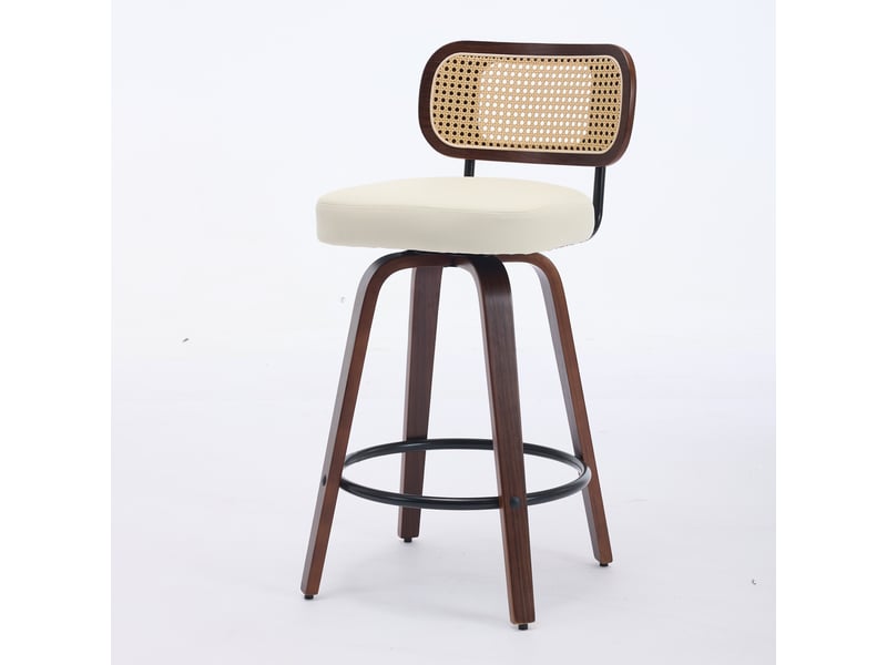  Lot de 2 tabourets de bar pivotants 360° assise rembourrée beige dossier cannage noyer  - Conforama A