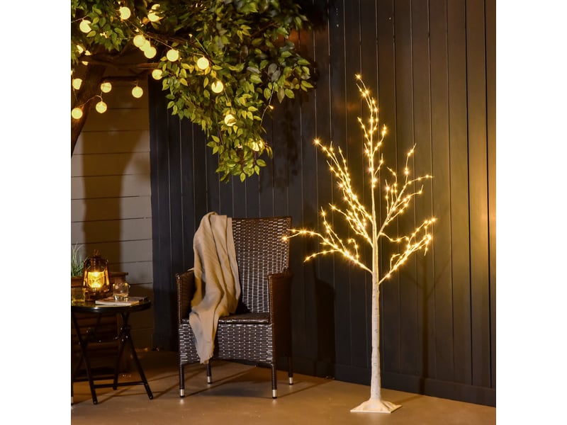  Sapin de bouleau de 150 cm avec 210 lumières led blanc chaud, branches flexibles et socle décoratif 20 x 20 x 150 cm blanc  - Conforama D