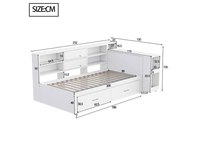  Modenvie lit 1 place 90x200 cm - avec rangement intégré, bureau extractible et ports usb - blanc  - Conforama C