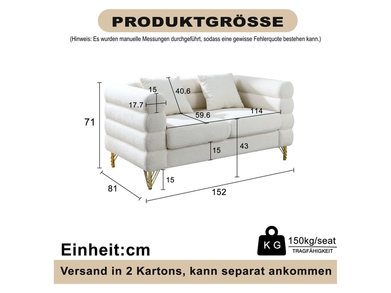 Canapé droit 2 places en tissu teddy blanc, design nuage avec dossier et accoudoirs ondulés, pieds en métal doré, assise à ressorts, coussins inclus - Conforama D