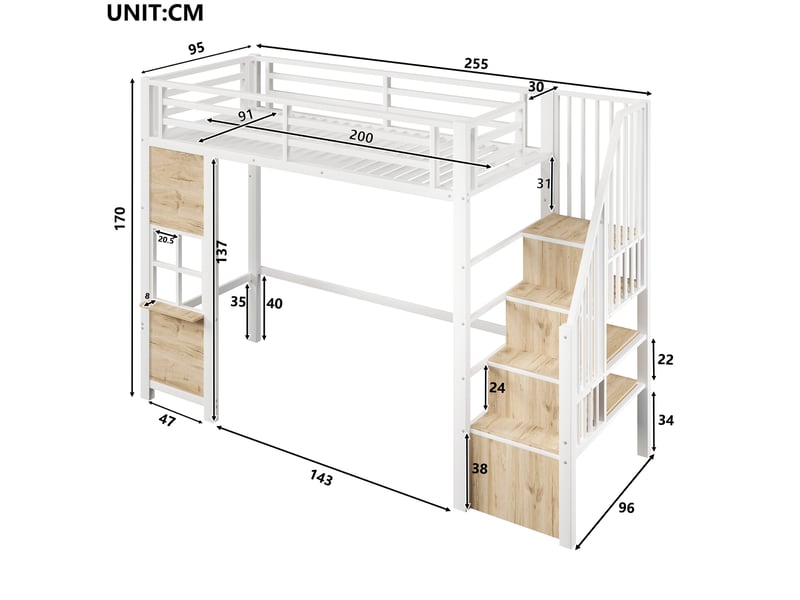  Lit surélevé enfant 90 x 200 cm, métal et mdf, escalier de rangement, blanc  - Conforama C