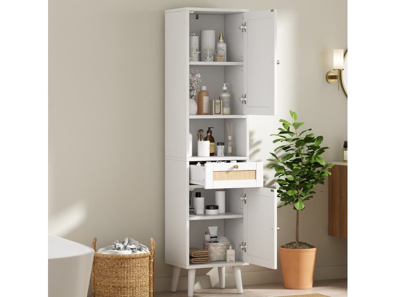  Colonne de salle de bain 40×30×166 cm, finition blanche en panneaux mdf, tiroir avec fermeture magnétique et portes réversibles en rotin  - Conforama B