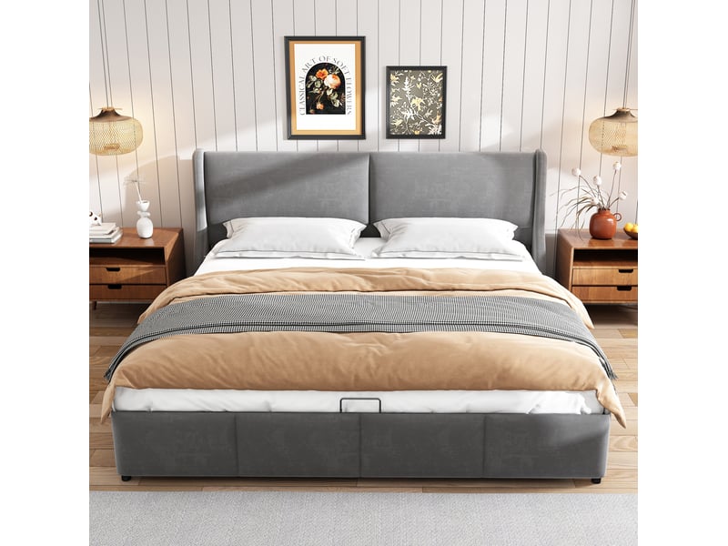 Lit coffre tcqpz 180 x 200 cm lit double hydraulique velours gris - Conforama E