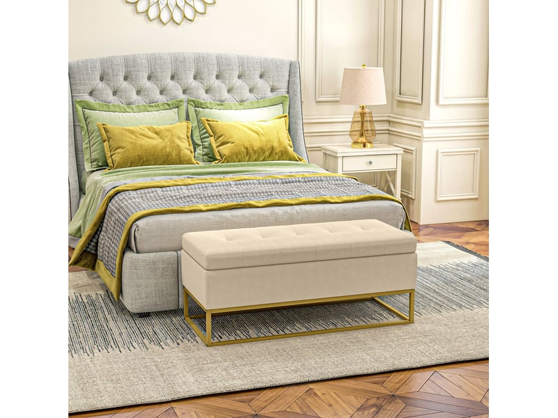  Banc de rangement 110 x 44 x 49 cm beige en polyester, couvercle relevable, pieds en acier doré  - Conforama B