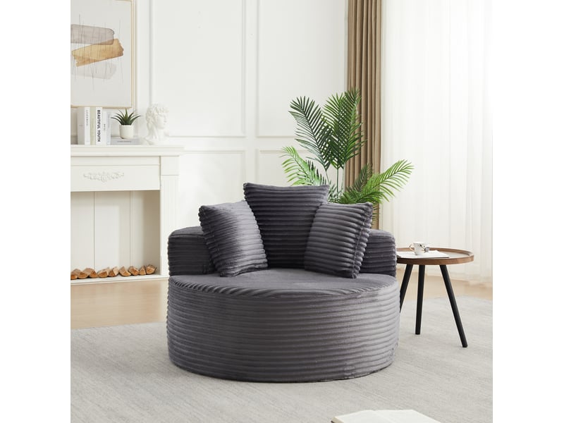 Fauteuil 1 place rond avec 3 coussins et accoudoirs larges, en velours côtelé gris 110 × 110 × 82 cm - Conforama D