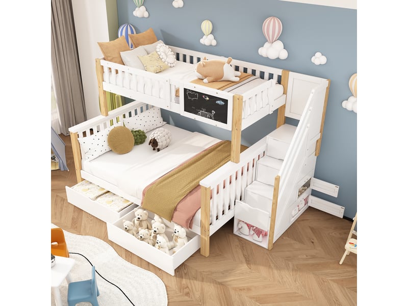Lit superposé 3 places 90 × 200 cm et 140 × 200 cm avec 2 tiroirs, escalier rangement, sans matelas, blanc chêne clair - Conforama E