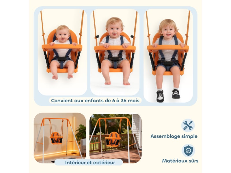  Balançoire portique pour enfants de 6 à 36 mois capacité de charge de 25 kg en acier hauteur 122 cm orange  - Conforama D