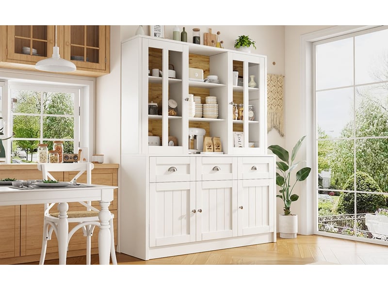  Vitrine salle à manger 140x40x180, tiroirs, portes coulissantes buffet, portes vitrées, design moderne, structure mdf robuste  - Conforama E