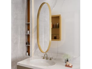 Meuble miroir ovale 51,5 x 85 cm – doré – rangement mural et encastrable avec étagères réglables