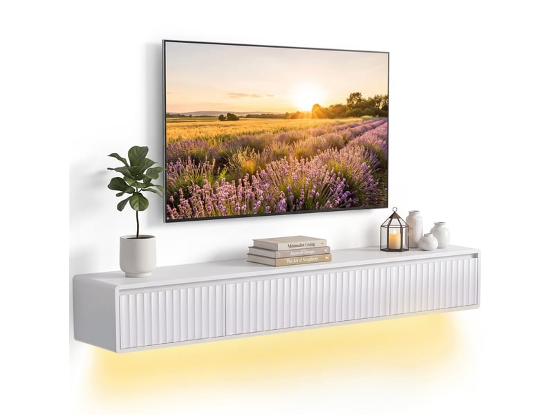  Meuble tv suspendu 2 tiroirs 1 abattant led et prises blanc 160 x 29,5 x 23,5 cm  - Conforama A