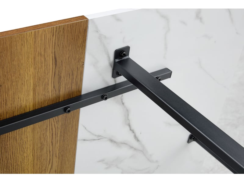  Table à manger rectangulaire 150 x 100 cm – mdf effet marbre et bois, piètement métal noir  - Conforama E