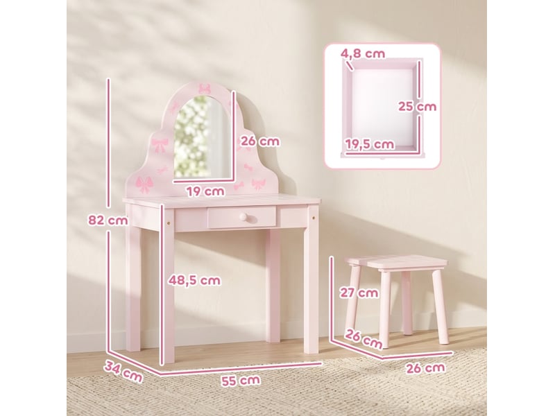  Coiffeuse enfant 2-en-1 55 x 34 x 82 cm - rose et blanc - miroir amovible, tiroir et tabouret assorti  - Conforama C