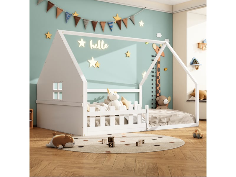  Lit cabane enfant 140x200 en bois de pin massif avec barrière de sécurité, lit enfant blanc au design moderne pour chambre  - Conforama R