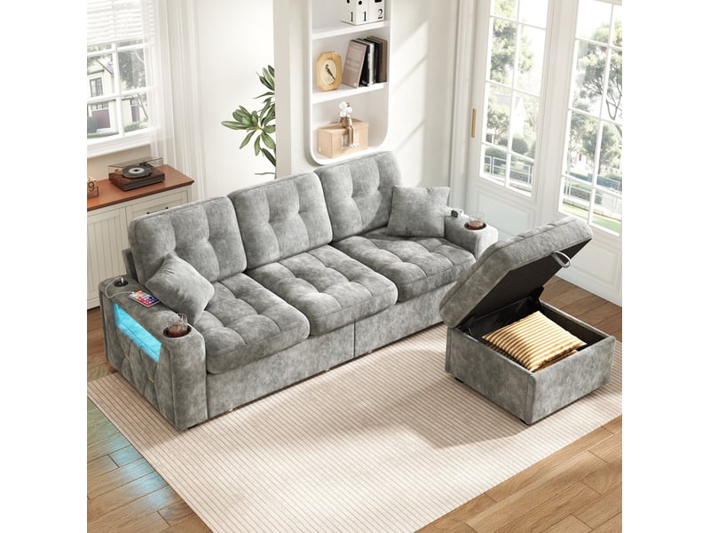 Canapé 3 places 194,5x133x83 cm avec rangement, usb-c, led, tiroirs à roulettes, pouf de rangement, chenille gris  - Conforama D
