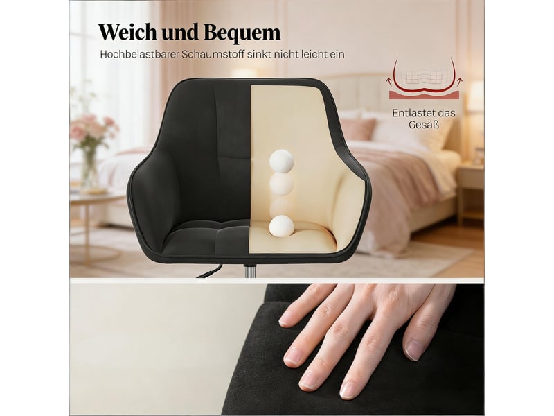  Chaise de bureau ergonomique pivotante 360° à hauteur réglable - lpospi - accoudoirs intégrés, velours - noir  - Conforama E