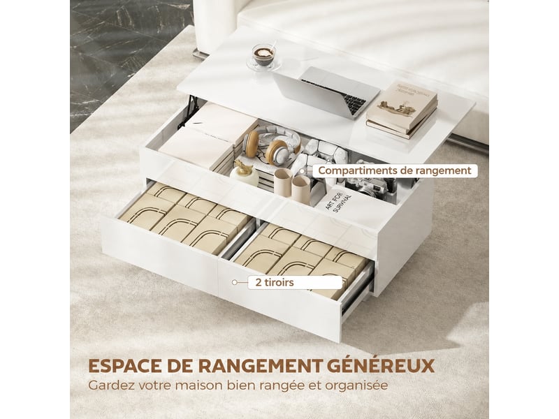  Table basse relevable, table de salon moderne, blanc laqué brillant avec rangement caché et tiroirs, 102x48 cm  - Conforama D