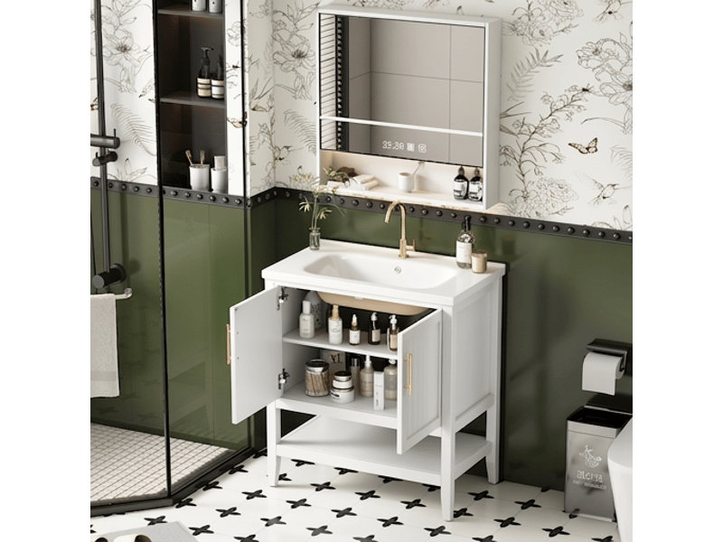 Meuble de salle de bain 80 cm sur pied avec vasque en céramique brillante blanc  - Conforama B