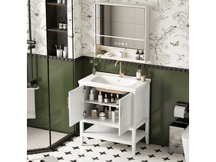 Meuble de salle de bain 80 cm sur pied avec vasque en céramique brillante blanc