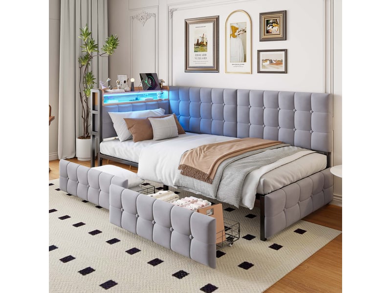 Lit enfant rembourré 90 x 200 cm avec 2 tiroirs, led, usb et usb-c, gris Fay Lum - Conforama E