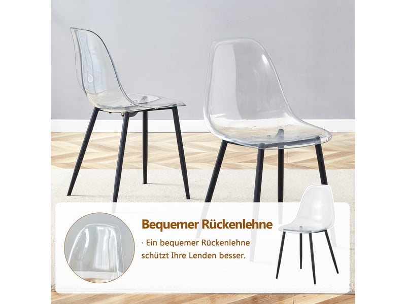  Ensemble table à manger avec 4 chaises, table ronde en verre trempé 85 cm, sièges transparents et piètement en métal noir  - Conforama R