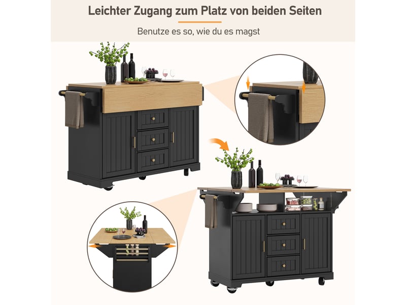  Desserte cuisine, îlot central sur roulettes avec plan de travail, plateau extensible, pivotant à 360°, dimensions 120 x 40 x 95 cm, mdf, noir  - Conforama E