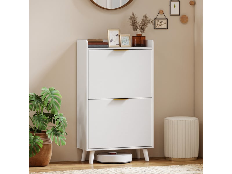 Meuble à chaussures 12 paires, armoire à chaussures étroite avec 2 tiroirs rabattables, étagères réglables, blanc  - Conforama C