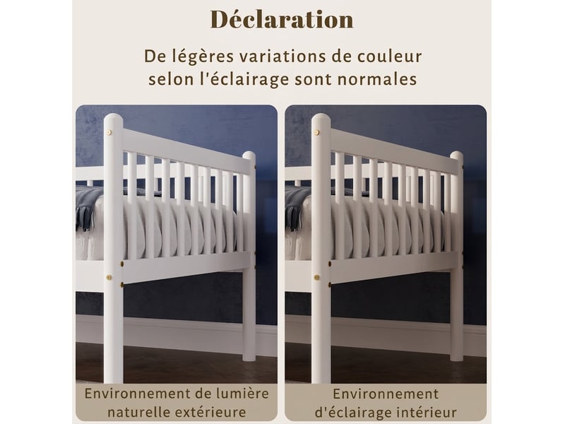  Lit banquette 90x200 cm en bois de pin - canapé-lit blanc avec barrières 3 côtés et 14 lattes  - Conforama R