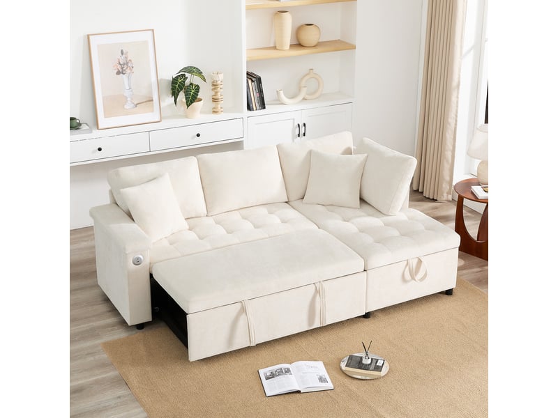  Canapé d'angle convertible moderne avec espace de rangement, port de charge usb, compartiments de rangement dans les accoudoirs et deux coussins – beige.  - Conforama B