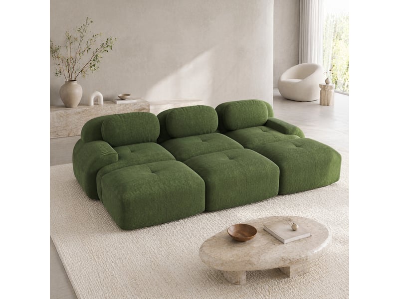  Canapé d'angle modulable 3 places en velours côtelé vert avec 3 poufs, sans montage, idéal pour salon et cinéma maison  - Conforama B