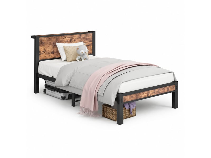 Lit simple 90x200 cm, lit jeune, finition noir+marron, métal et mdf, rangement sous lit 27 cm - Conforama A
